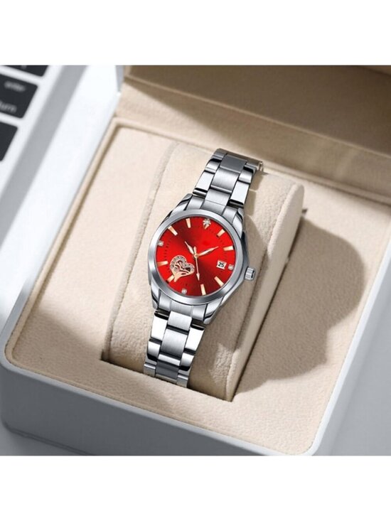 Women\'s Red Dial Analog Quartz Silver Stainless Steel Luminous Waterproof Watch main image 5